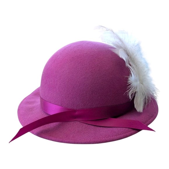 Vintage Bollman Doeskin 100%Wool Felt Hat Fascinator Pink Fuschia Feather Ribbon - Picture 6 of 9